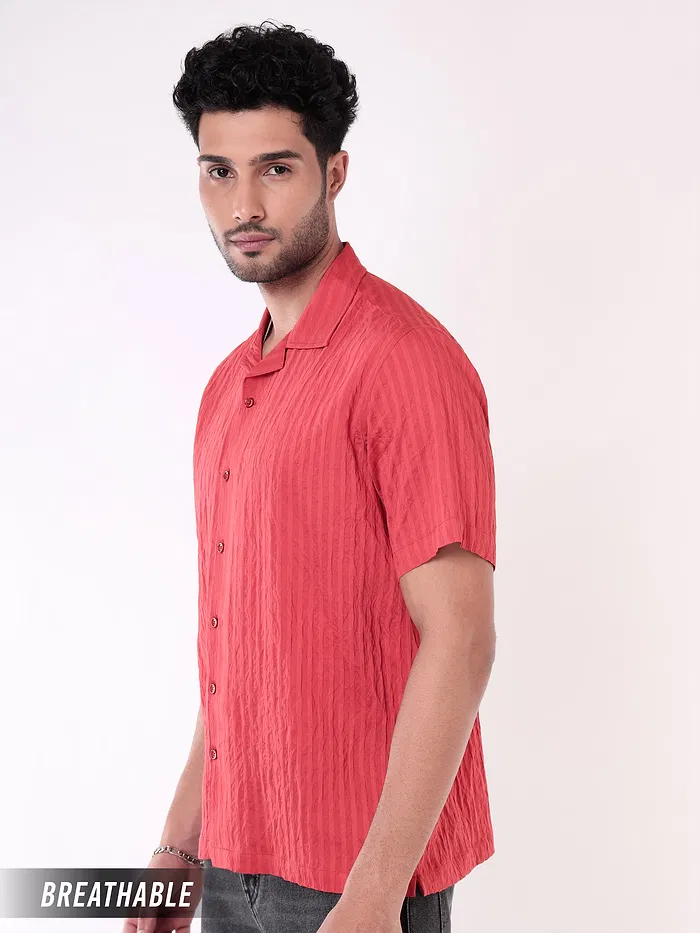 Carrot Red Striped Casual Shirt for Men