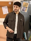 Coffee brown men's trendy denim shirt with a spread collar