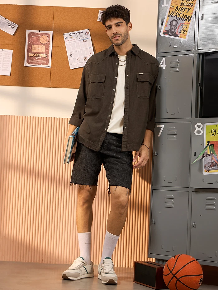 Buy Coffee Brown Over Dyed Denim Shirt for Men