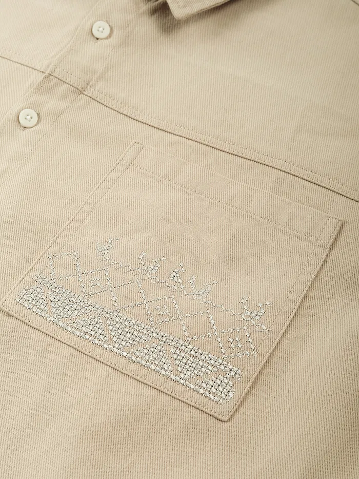 Cream Dual Pocket Embroidered Shirt