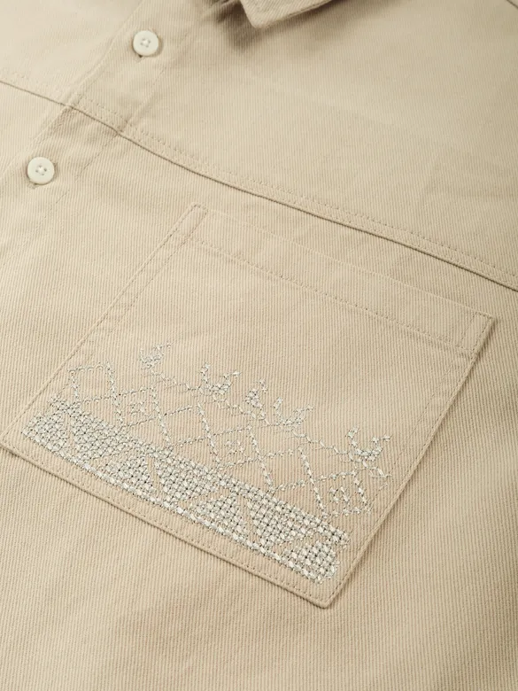 Cream Dual Pocket Embroidered Shirt