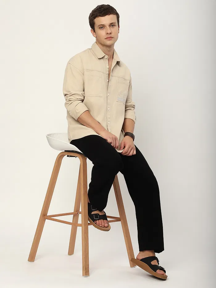 Cream Dual Pocket Embroidered Shirt