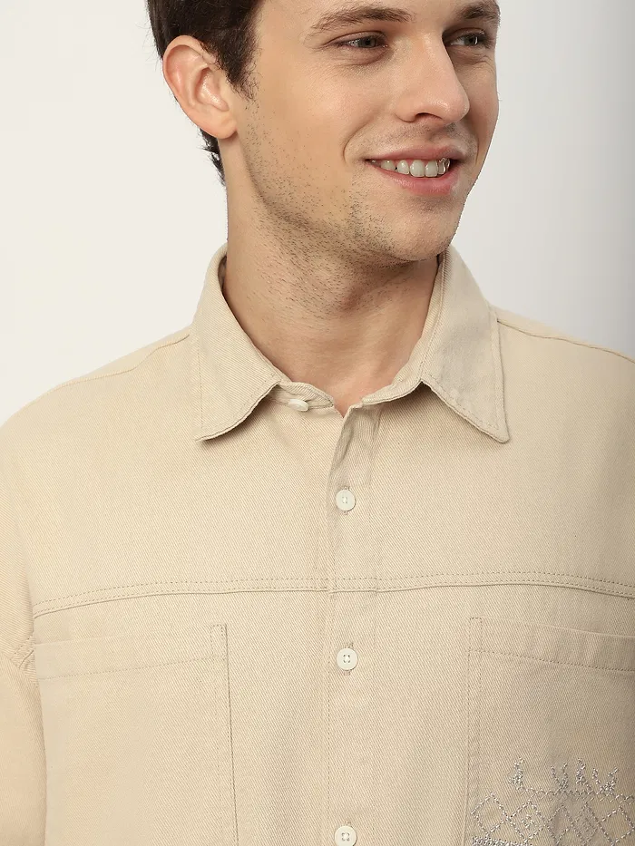Cream Dual Pocket Embroidered Shirt