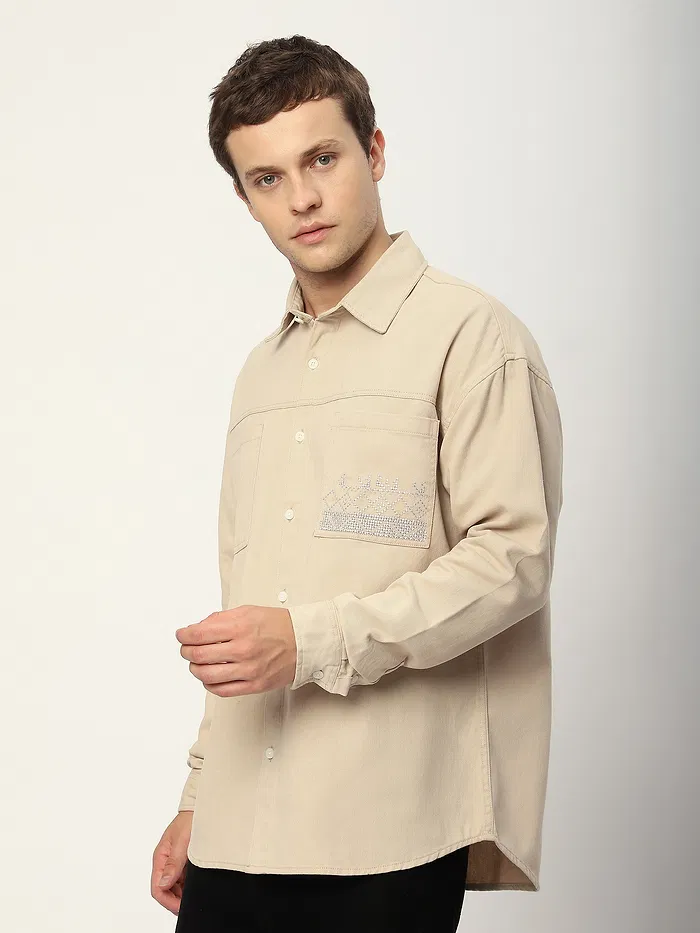 Cream Dual Pocket Embroidered Shirt