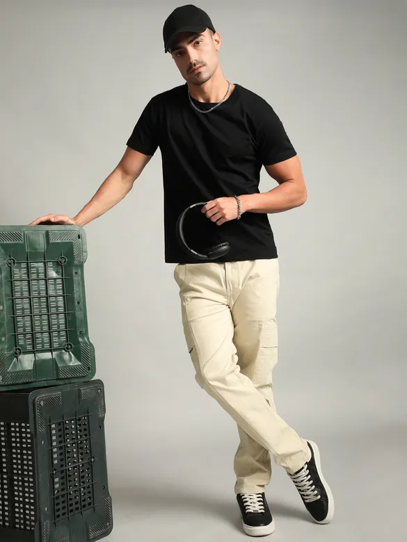 Cream Elasticated Cut and Sew Cargo Pants