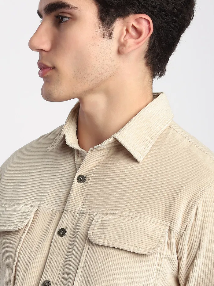 Cream Flap Pocket Corduroy Shirt