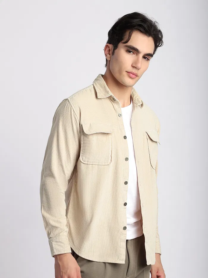 Cream Flap Pocket Corduroy Shirt