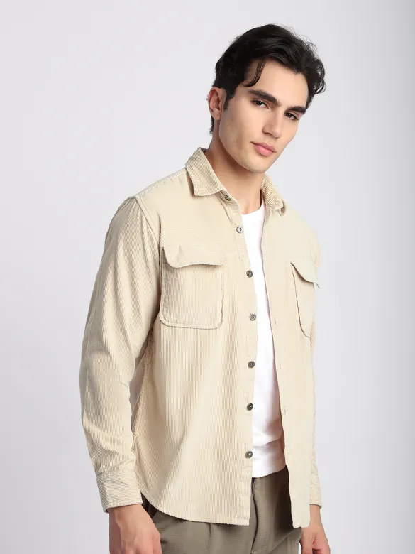 Cream Flap Pocket Corduroy Shirt