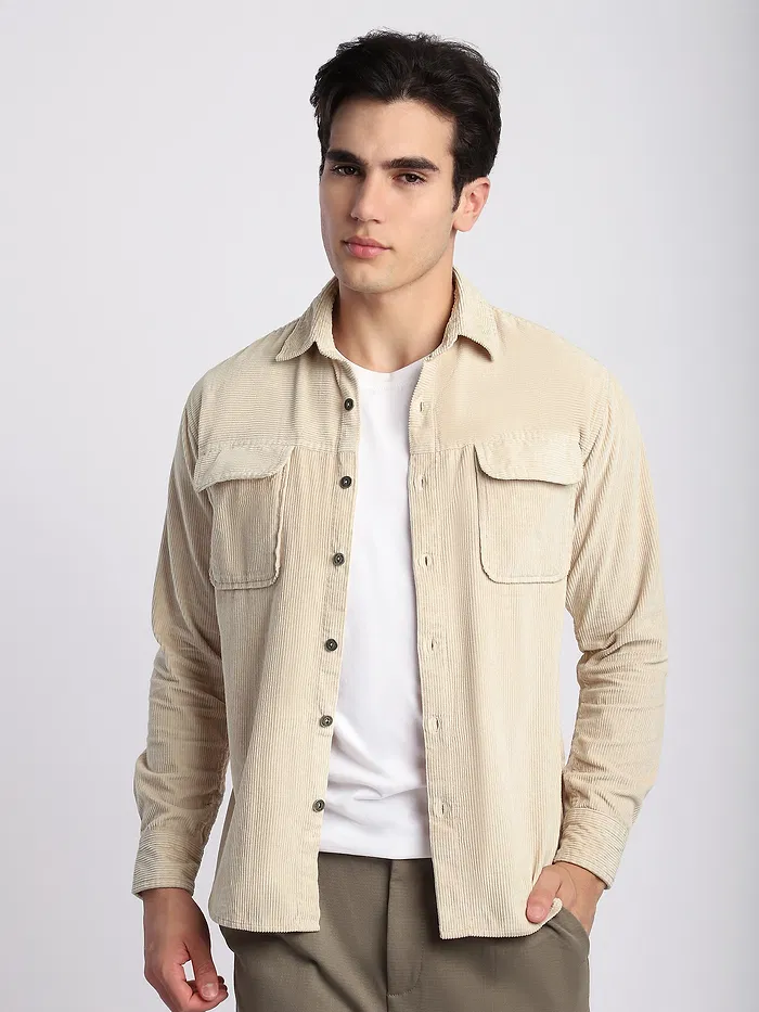Cream Flap Pocket Corduroy Shirt