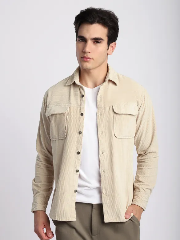 Cream Flap Pocket Corduroy Shirt