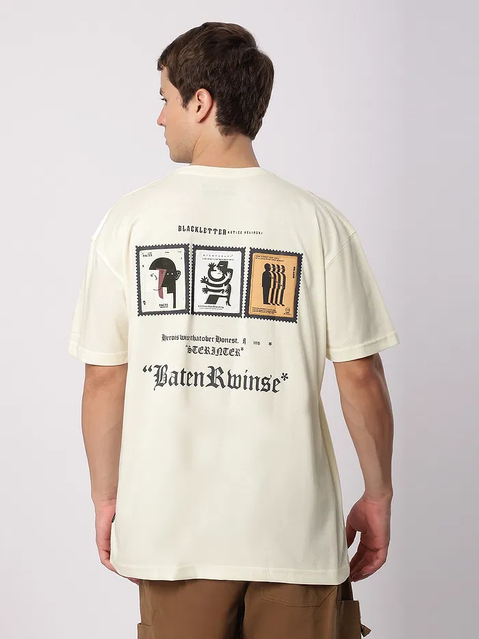 Cream Stamps Printed Oversized T-Shirt