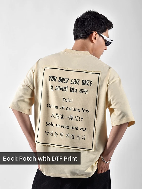  Cream YOLO Back Patch Print Oversized T-Shirt