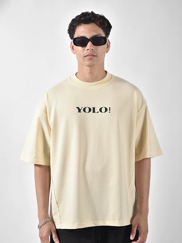  Cream YOLO Back Patch Print Oversized T-Shirt