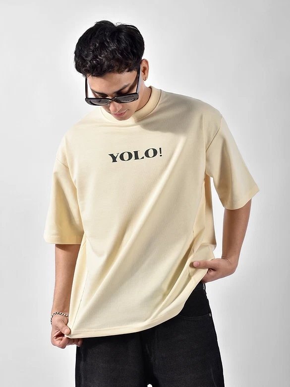 Cream YOLO Back Patch Print Oversized T-Shirt