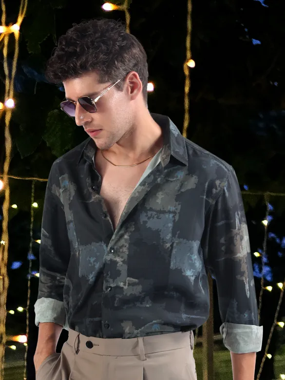 Dark Blue &amp; Grey Modern Abstract Printed Shirt