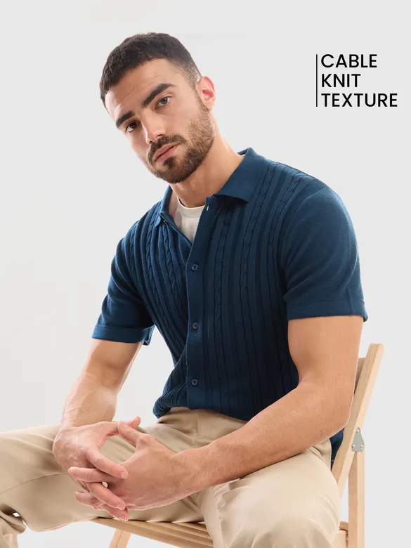 Dark Blue Knitted Shirt For Men