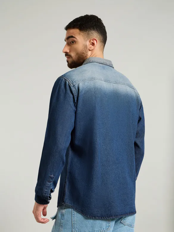 Dark Blue Ombre Denim Shirt For Men