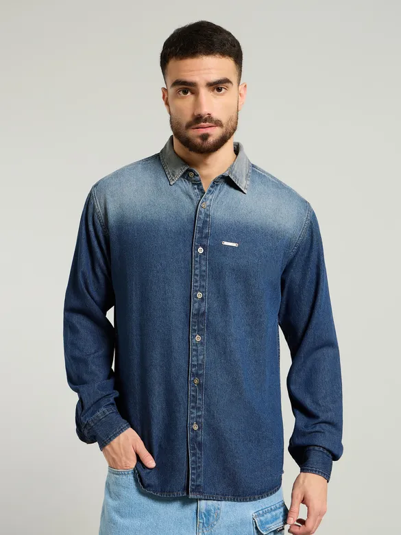 Dark Blue Ombre Denim Shirt For Men