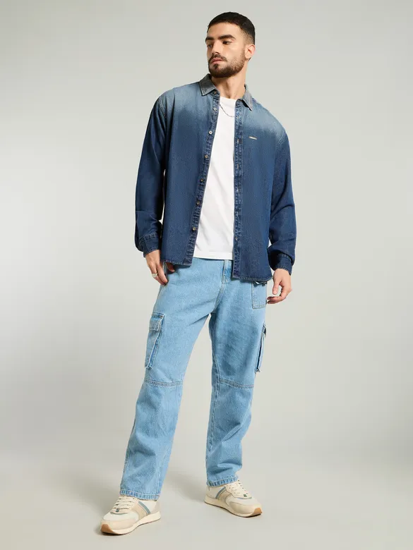 Dark Blue Ombre Denim Shirt For Men