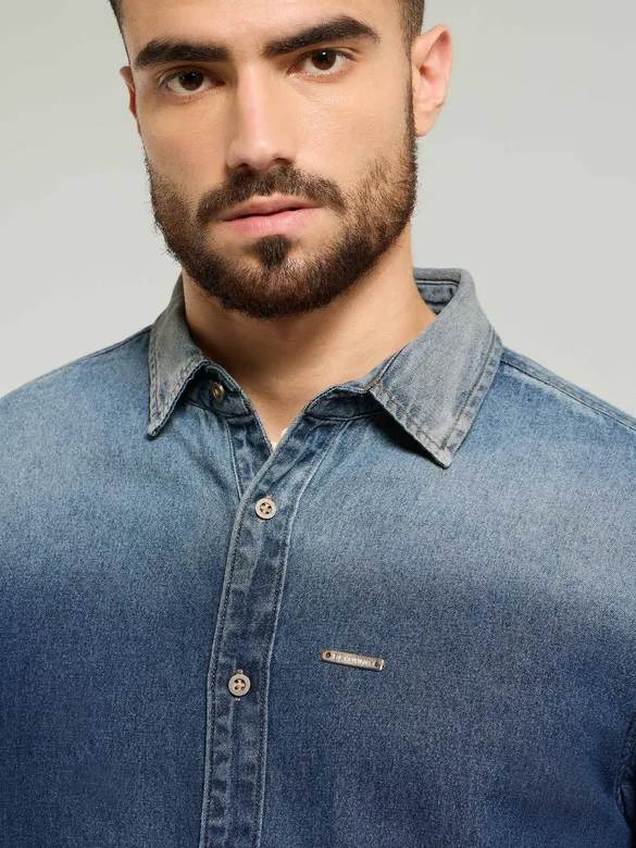 Dark Blue Ombre Denim Shirt For Men