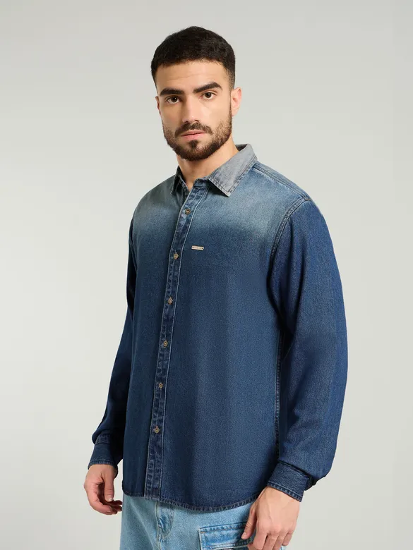 Dark Blue Ombre Denim Shirt For Men