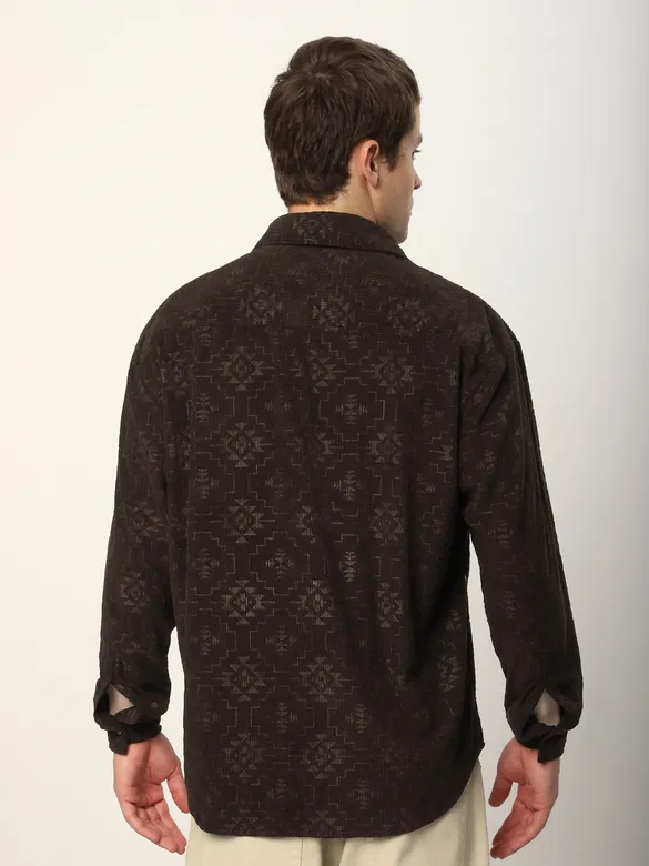 Dark Brown Abstract Structured Corduroy Shirt