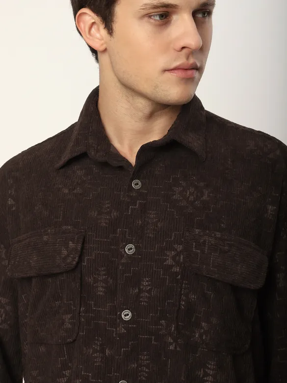 Dark Brown Abstract Structured Corduroy Shirt