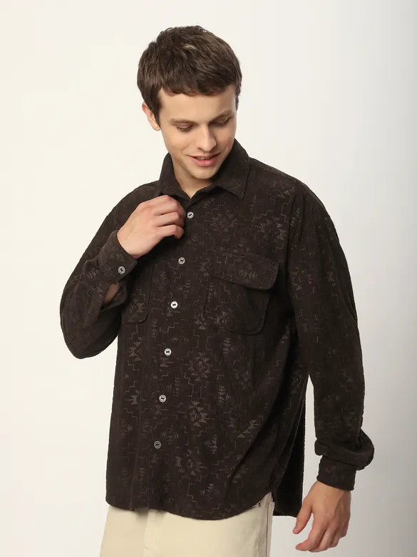 Dark Brown Abstract Structured Corduroy Shirt