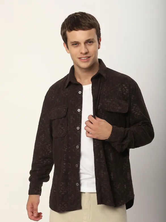 Dark Brown Abstract Structured Corduroy Shirt