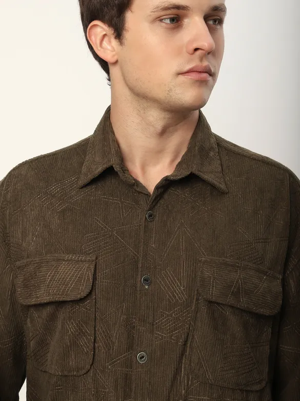 Dark Brown Tribal Textured Corduroy Shirt