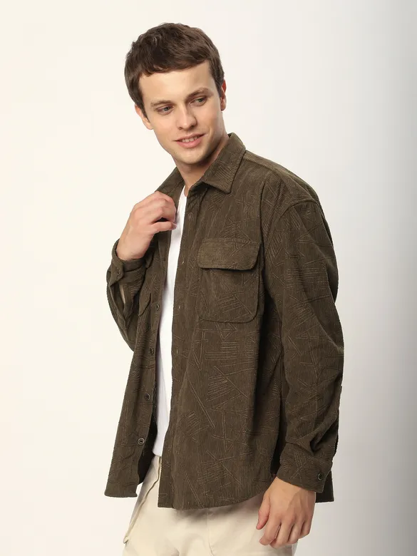 Dark Brown Tribal Textured Corduroy Shirt