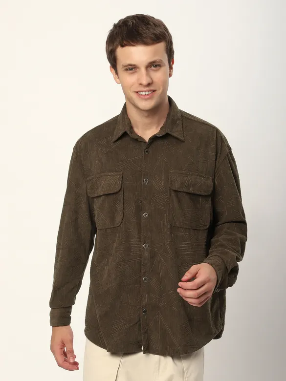 Dark Brown Tribal Textured Corduroy Shirt