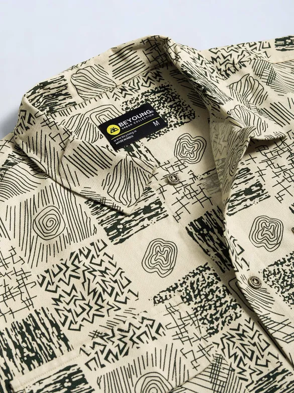 Dark Green and Beige Cotton Print Shacket