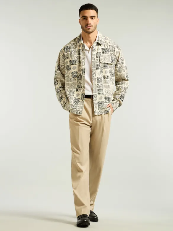 Dark Green and Beige Cotton Print Shacket
