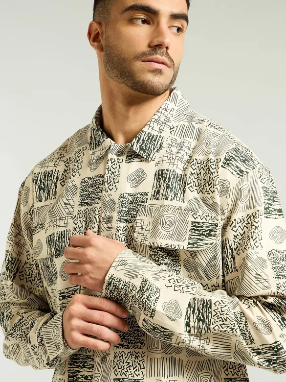 Dark Green and Beige Cotton Print Shacket