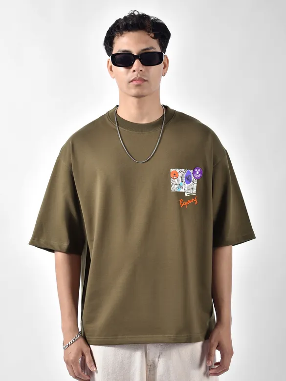 Dark Tan Blooming Puff Printed Oversized T-Shirt
