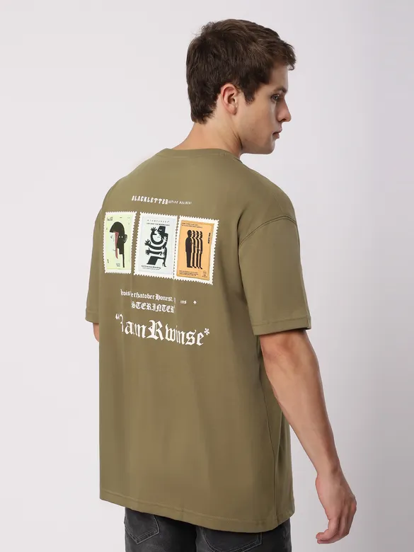 Dark Tan Stamps Printed Oversized T-Shirt