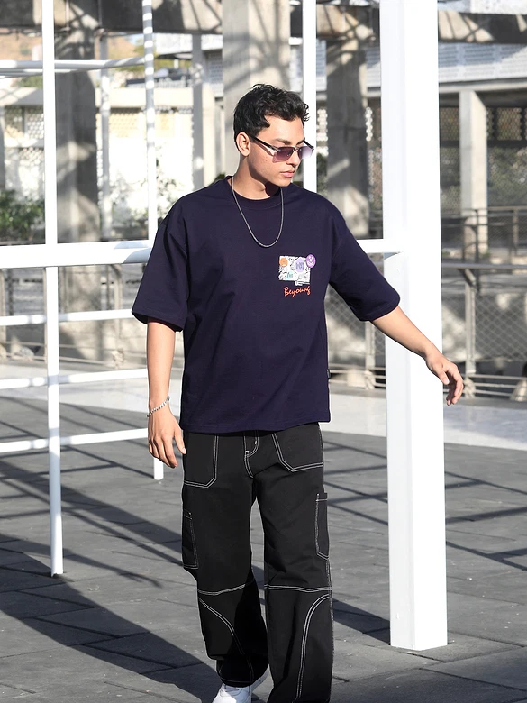 Dark Violet Blooming Puff Printed Oversized T-Shirt