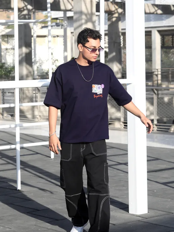 Dark Violet Blooming Puff Printed Oversized T-Shirt