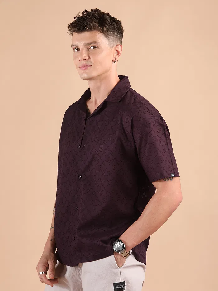 Dark Violet Cutwork Jacquard Cuban Shirt