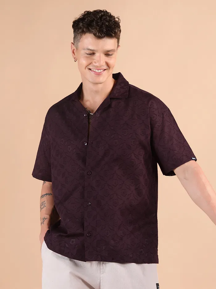 Dark Violet Cutwork Jacquard Cuban Shirt