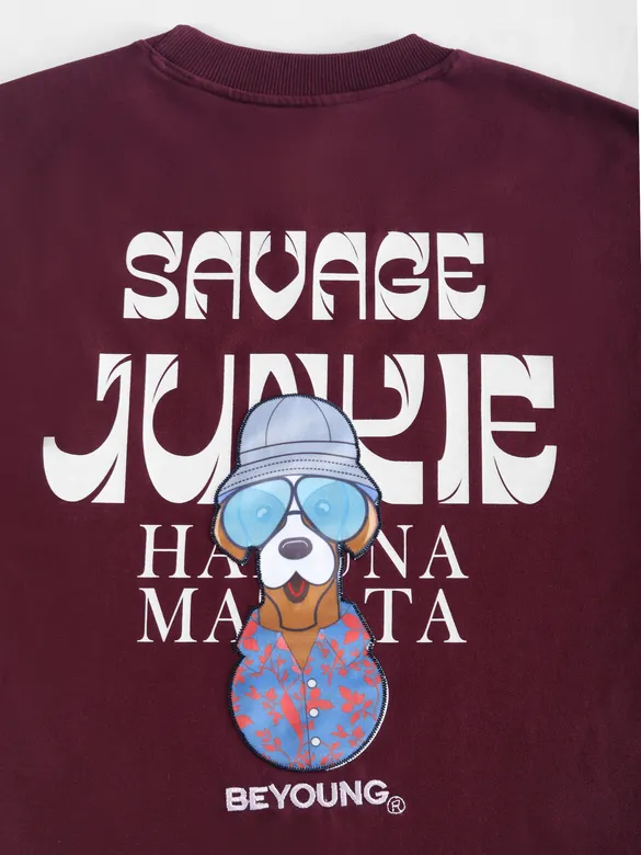 French Wine Savage Junkie Embroidered Patch Oversized T-Shirt