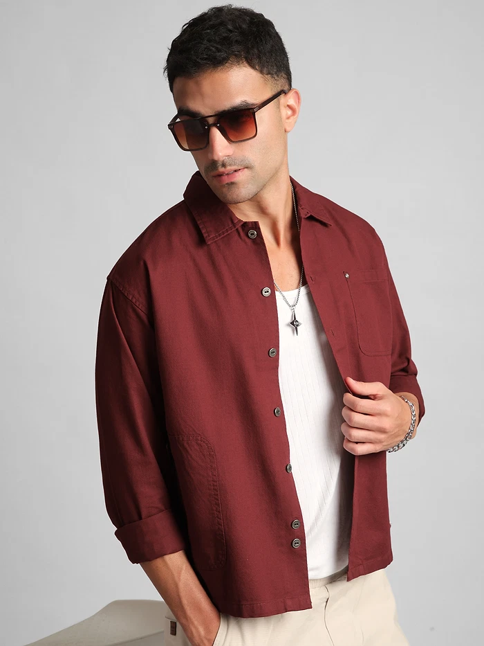 French Wine Solid Multipocket Shacket