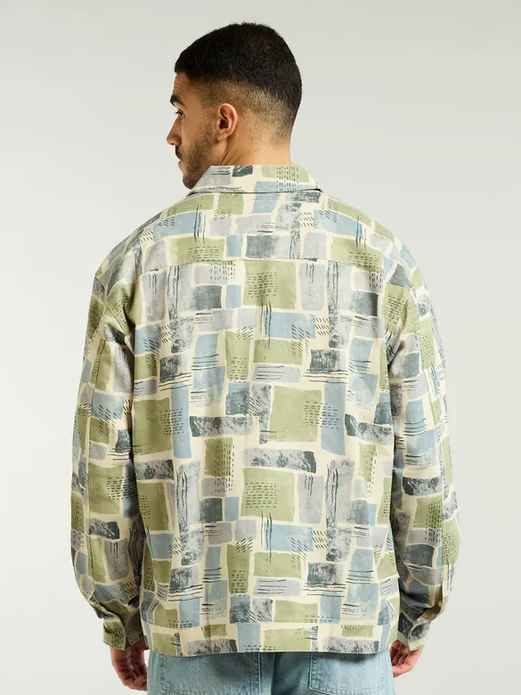 Green and Beige Cotton Abstract Shacket