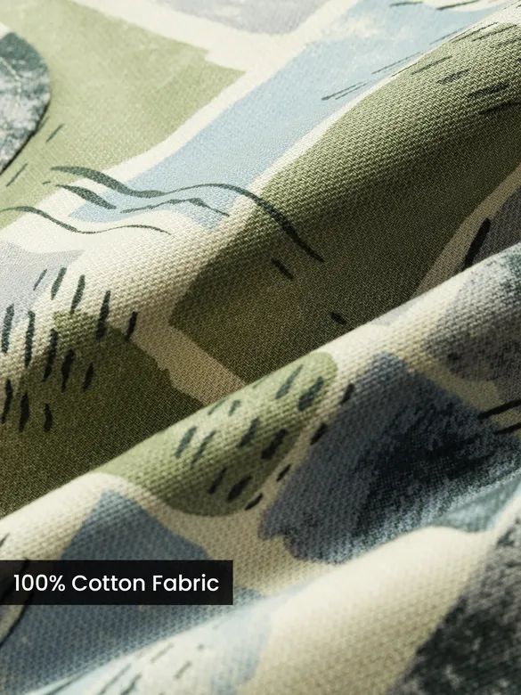 Green and Beige Cotton Abstract Shacket
