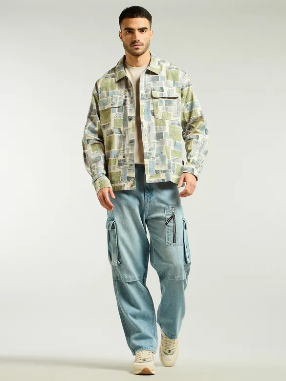 Green and Beige Cotton Abstract Shacket