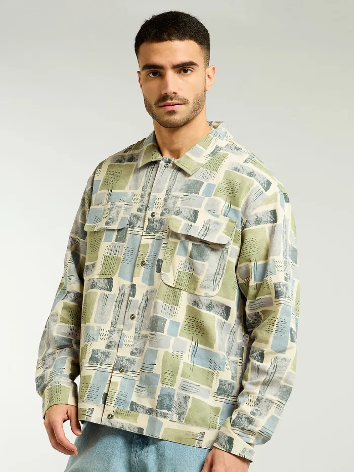 Green and Beige Cotton Abstract Shacket