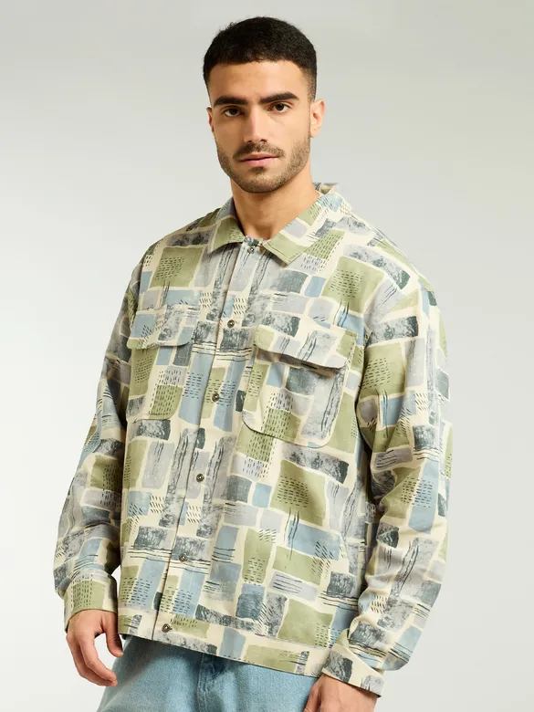 Green and Beige Cotton Abstract Shacket