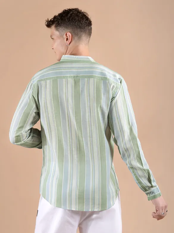 Green And Blue Stripe Mandarin Collar Shirt