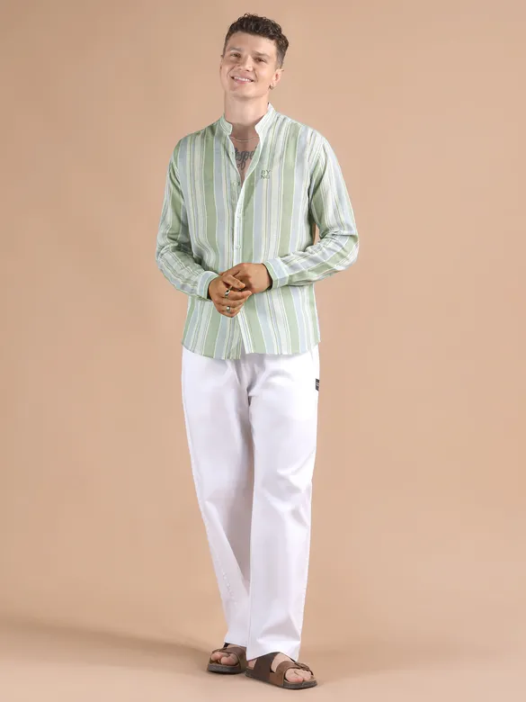 Green And Blue Stripe Mandarin Collar Shirt